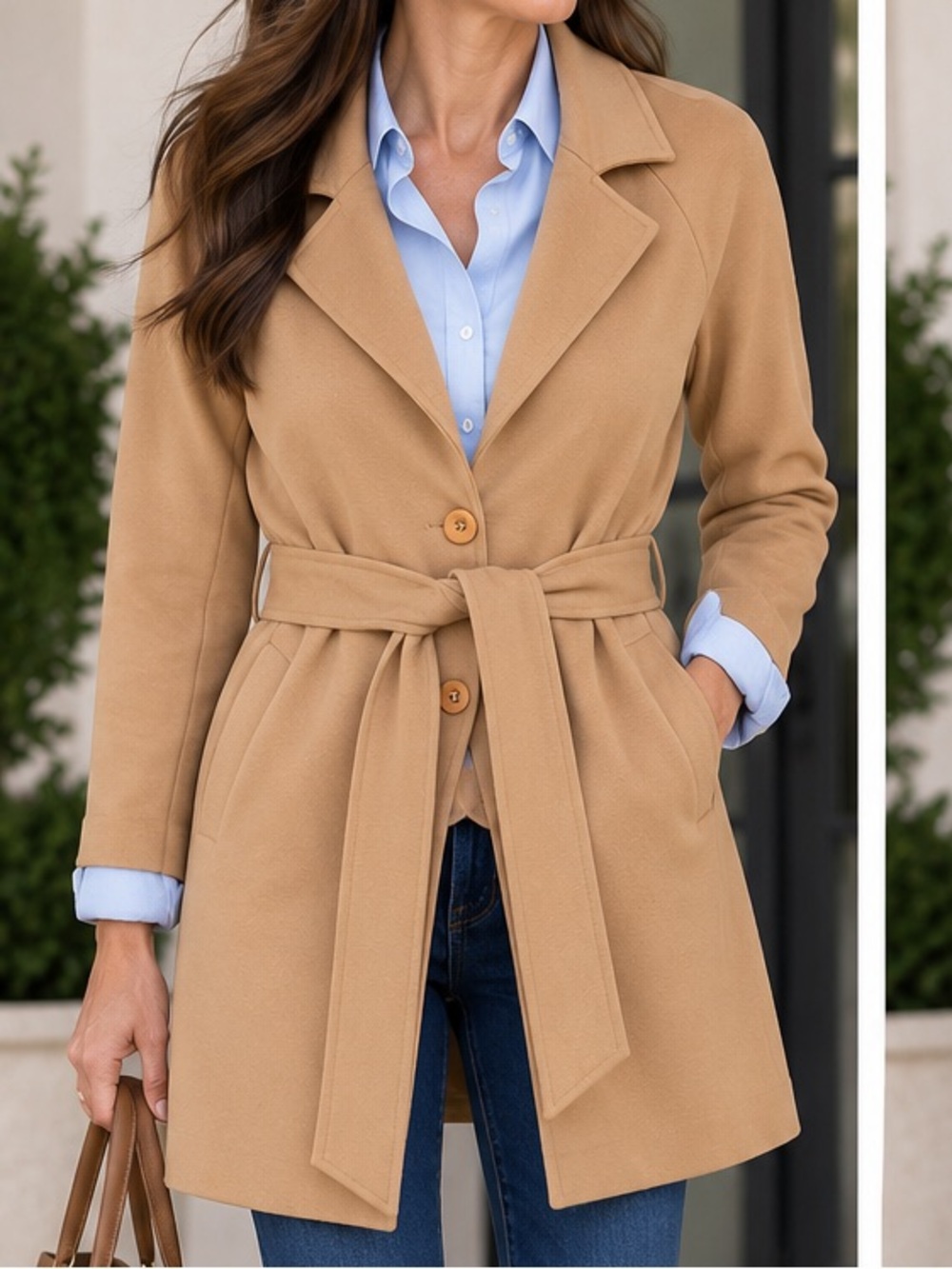 Camel Belted Knit Lined Trench Coat
